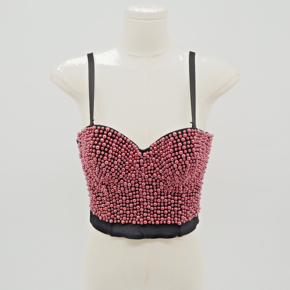 Lydia USA Pink Pearl Beaded Bustier Crop Top S Barbiecore Y2K Festival Clubwear
